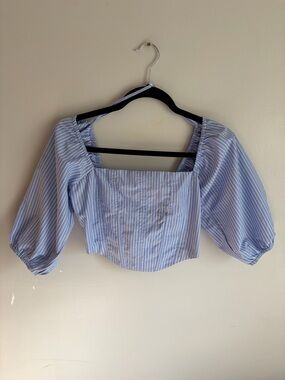 Light Blue Striped Square-Neck Puff Sleeve Crop Top